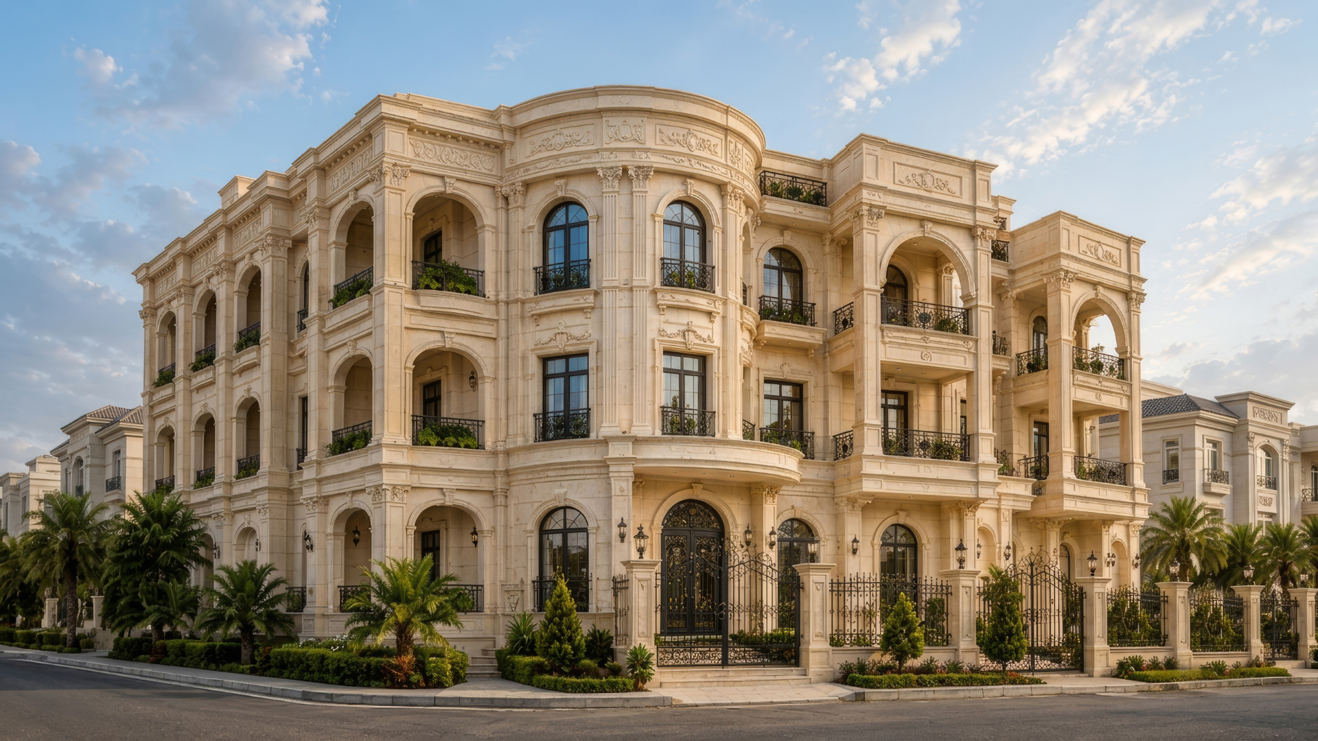 Completed villa photographed in daylight
