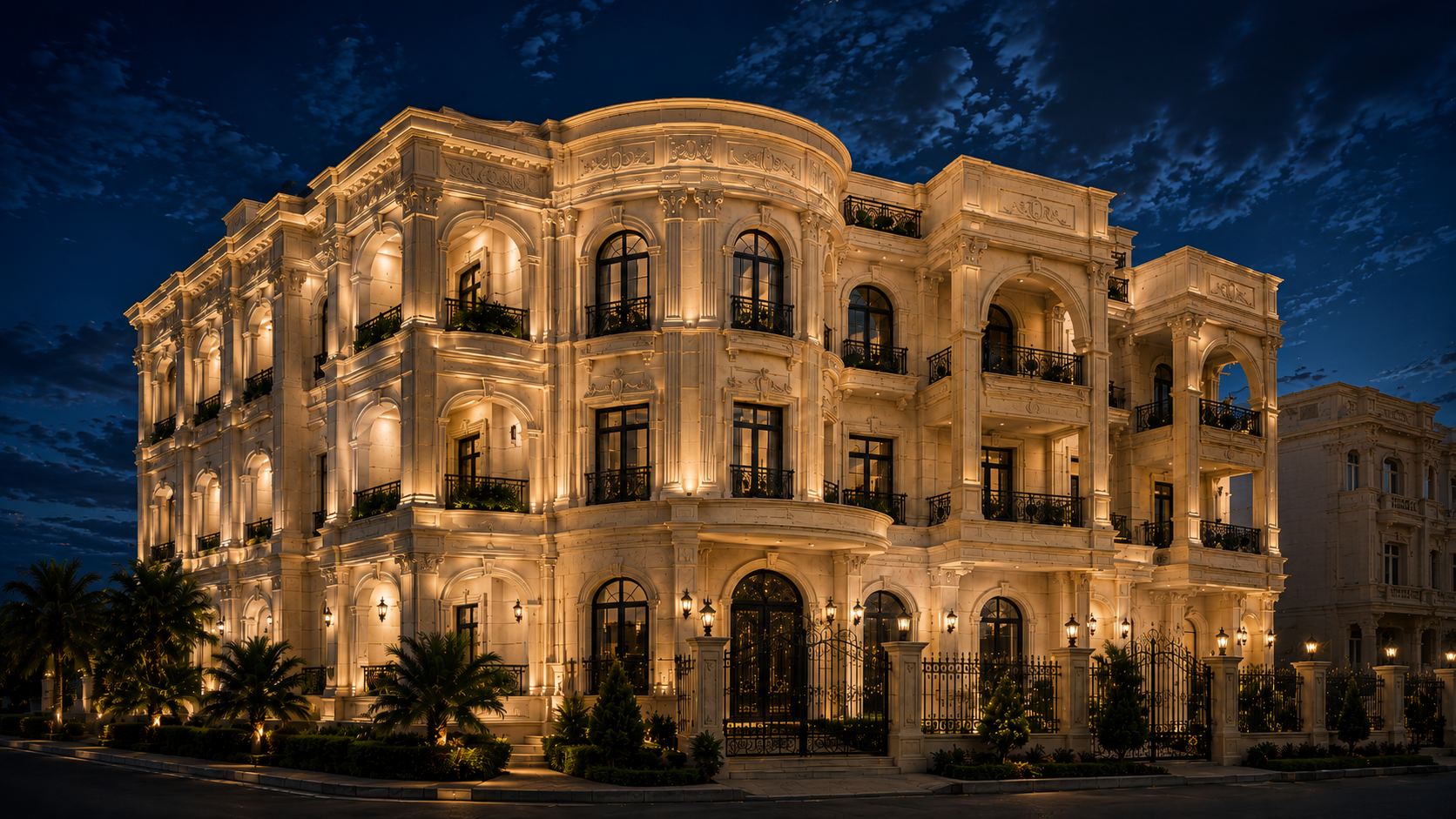 Architectural night render — the original design vision